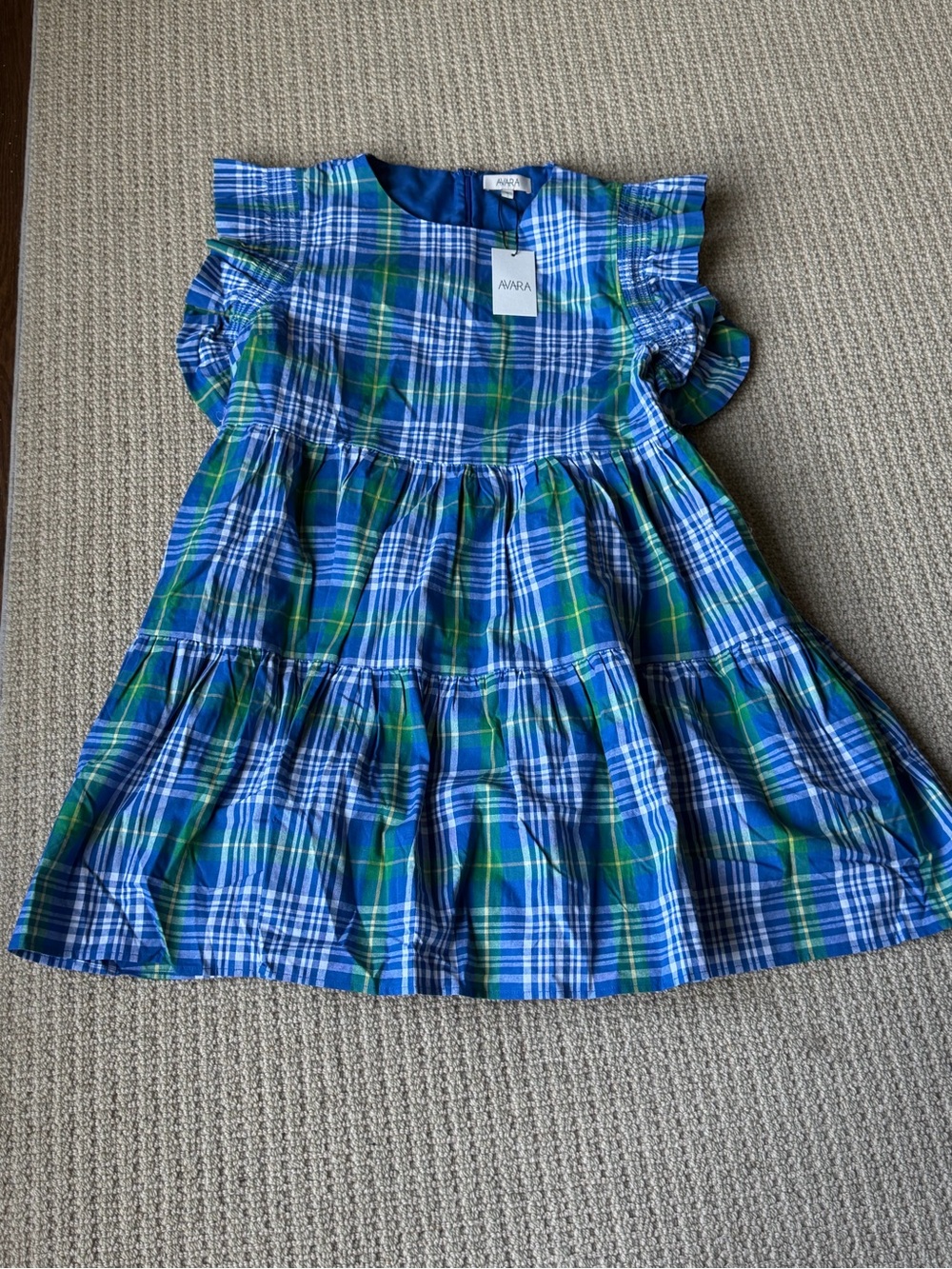 Blue  & Green Plaid Ruffle-Sleeve Dress